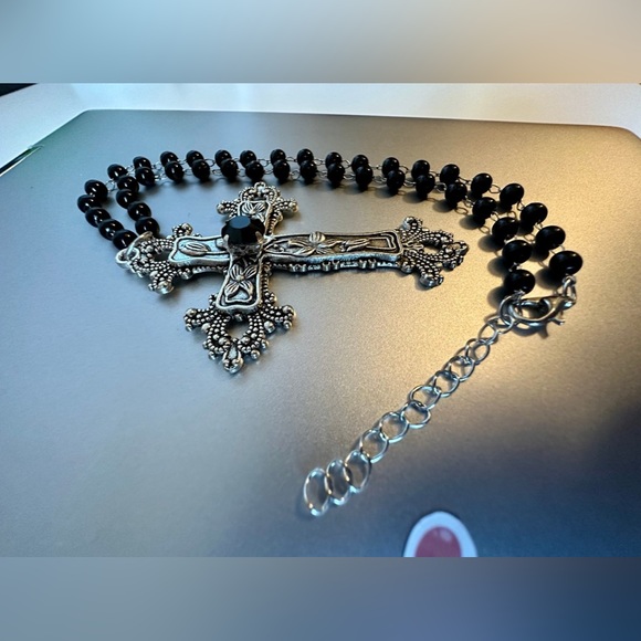 Statement Cross Necklace Floral Design Cross Goth Large Black Crystal Unisex New - Picture 9 of 11